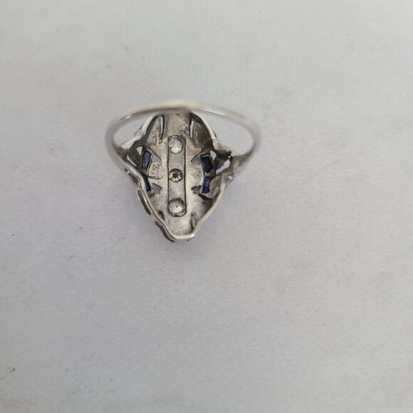 Antique 18K White Gold Art Deco Shield Ring with Diamonds and Sapphires - Picture 10 of 15